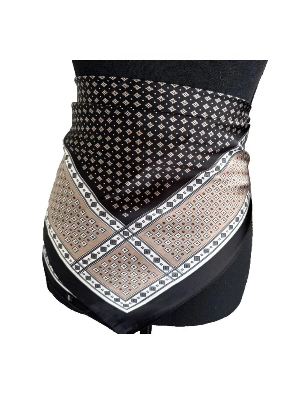 Elan 36” Square Scarf Geometric Silky Handkerchief Black Brown Cream NEW